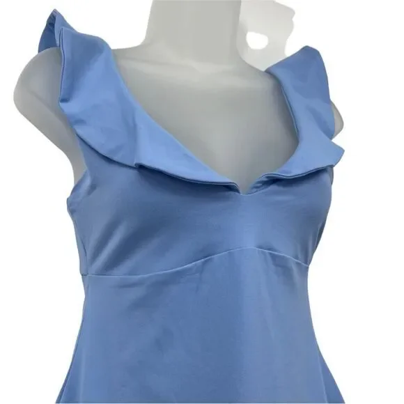 Susana Monaco Vista Blue Stretch Bodycon Ruffle Strap Open Cutout Back Dress M - Picture 6 of 10